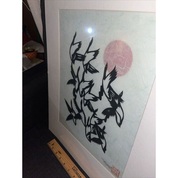 Signed & Matted Japanese Paper Cut Birds - Asian Influence - Red Dot Japan Flag - Picture 4 of 4